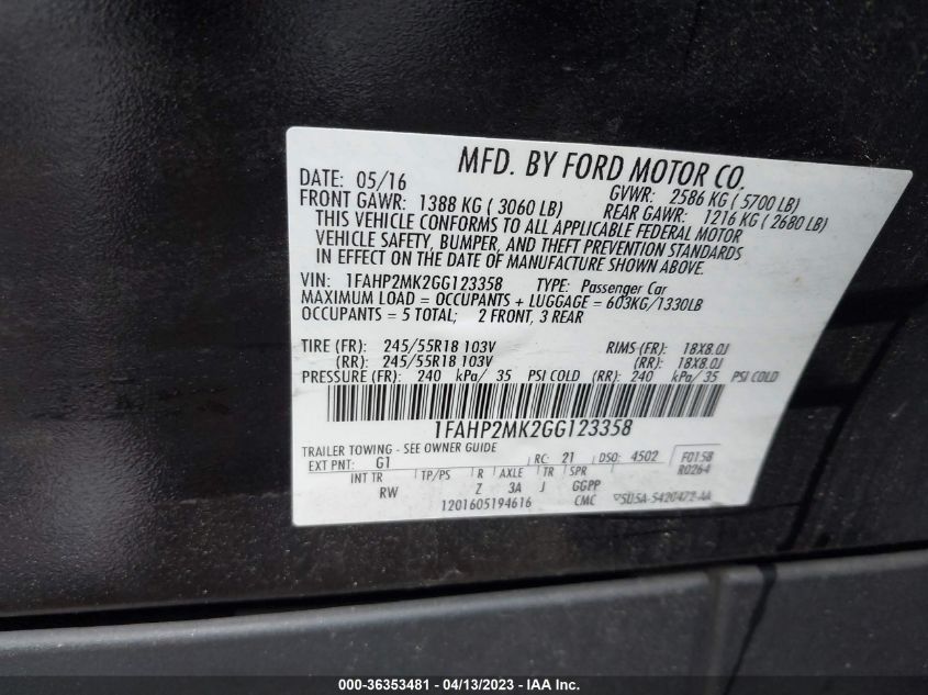 2016 FORD SEDAN POLICE INTERCEPTOR 1FAHP2MK2GG123358