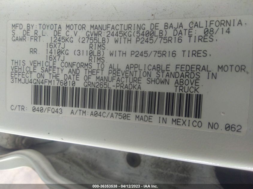 2015 TOYOTA TACOMA PRERUNNER - 3TMJU4GN4FM176010