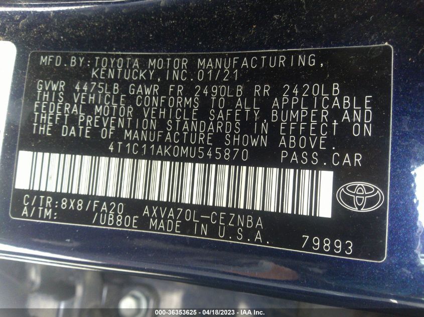 2021 TOYOTA CAMRY LE - 4T1C11AK0MU545870