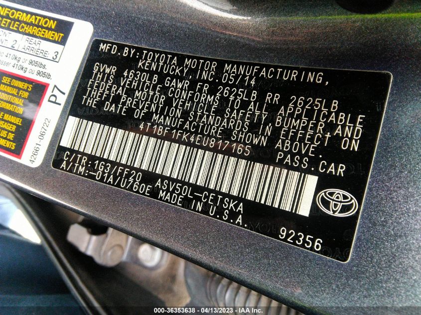 2014 TOYOTA CAMRY L/LE/XLE/SE/SE SPORT - 4T1BF1FK4EU817165