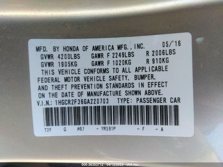 2016 HONDA ACCORD SEDAN LX - 1HGCR2F36GA220703