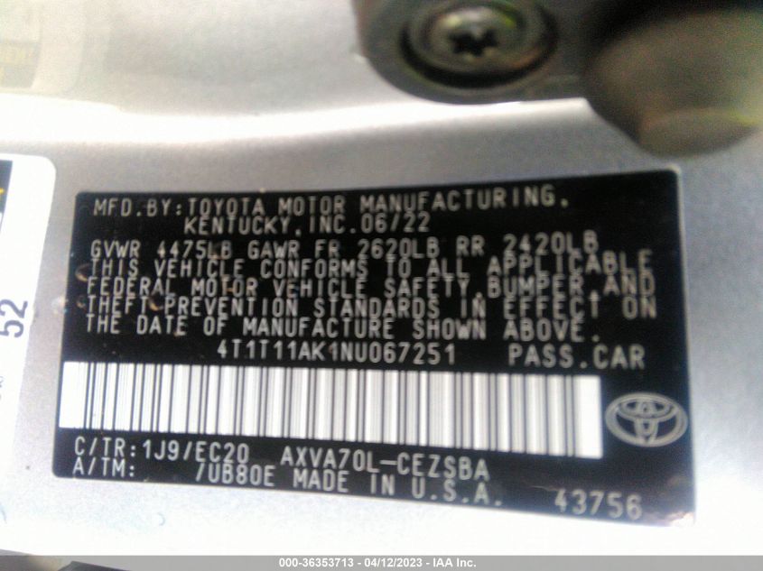 2022 TOYOTA CAMRY SE - 4T1T11AK1NU067251