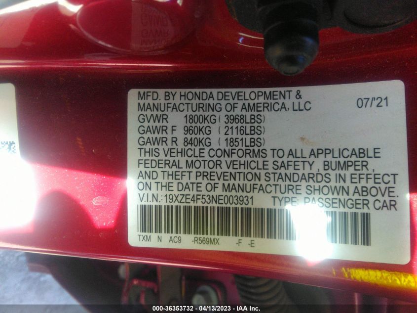 2022 HONDA INSIGHT EX - 19XZE4F53NE003931