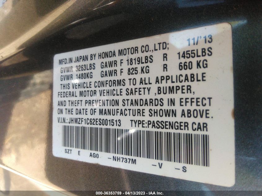 2014 HONDA CR-Z EX JHMZF1C62ES001513