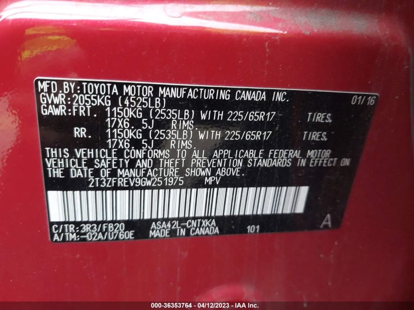 2016 TOYOTA RAV4 LE - 2T3ZFREV9GW251975