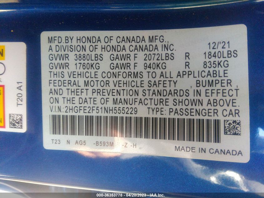 2022 HONDA CIVIC SEDAN SPORT - 2HGFE2F51NH555229
