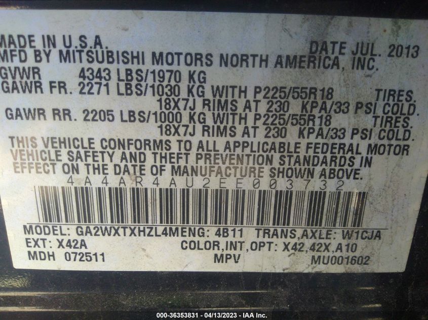 2014 MITSUBISHI OUTLANDER SPORT SE - 4A4AR4AU2EE003732