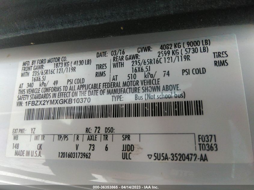 2016 FORD TRANSIT WAGON XL/XLT - 1FBZX2YMXGKB10370