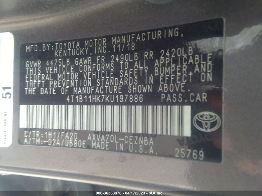 2019 TOYOTA CAMRY LE/SE/XLE/L - 4T1B11HK7KU197886