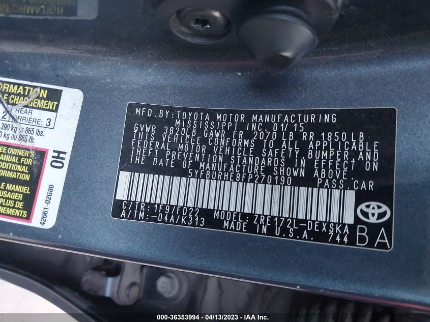 2015 TOYOTA COROLLA L/LE/S/S PLUS/LE PLUS - 5YFBURHE8FP270190