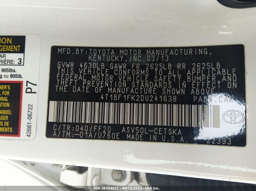 2013 TOYOTA CAMRY L/LE/SE/XLE - 4T1BF1FK2DU241638