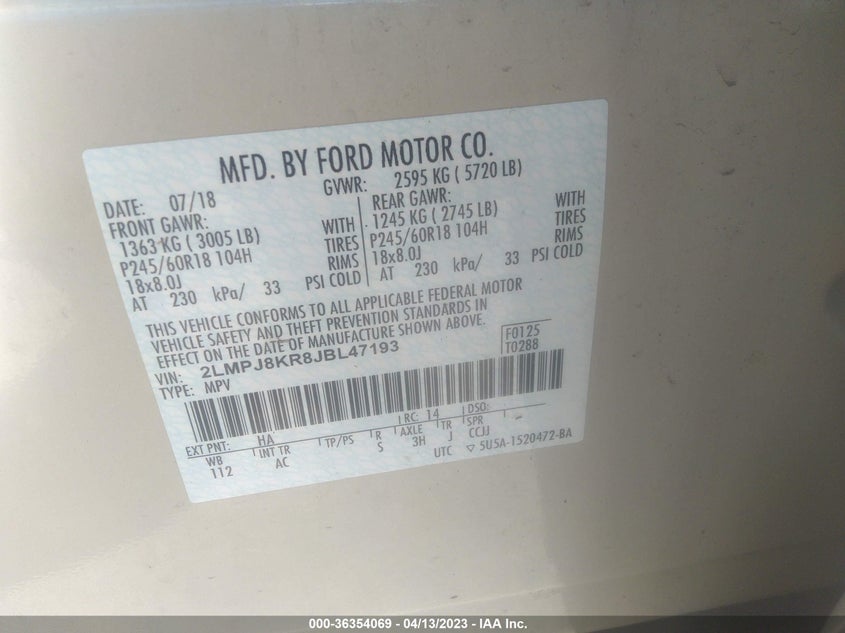 VIN 2LMPJ8KR8JBL47193 2018 LINCOLN MKX SELECT