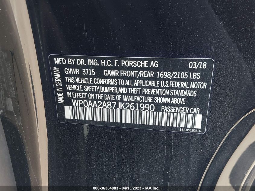 2018 PORSCHE 718 CAYMAN - WP0AA2A87JK261990