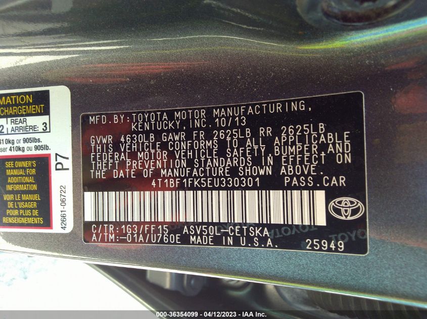 2014 TOYOTA CAMRY L/LE/XLE/SE/SE SPORT - 4T1BF1FK5EU330301