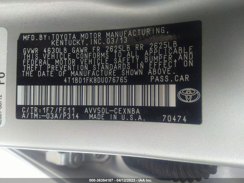 2013 TOYOTA CAMRY HYBRID LE/XLE 4T1BD1FK8DU076765