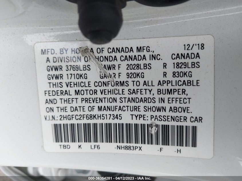 VIN 2HGFC2F68KH517345 2019 HONDA CIVIC SEDAN LX
