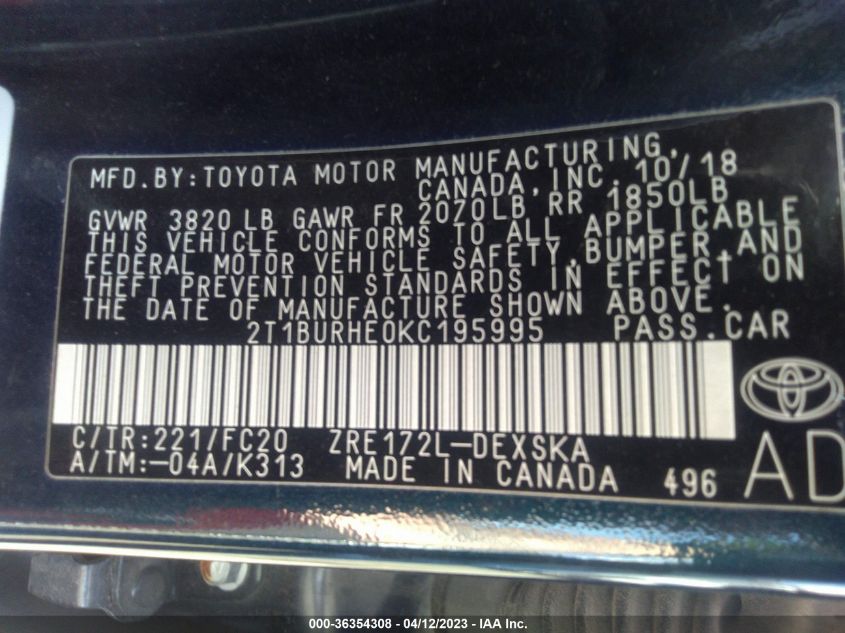 2019 TOYOTA COROLLA SE - 2T1BURHE0KC195995