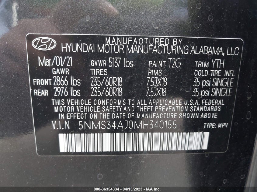 VIN 5NMS34AJ0MH340155 2021 HYUNDAI SANTA FE SEL