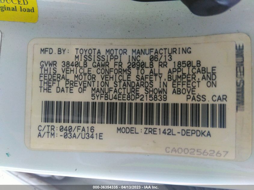 2013 TOYOTA COROLLA L/LE/S - 5YFBU4EE8DP215839