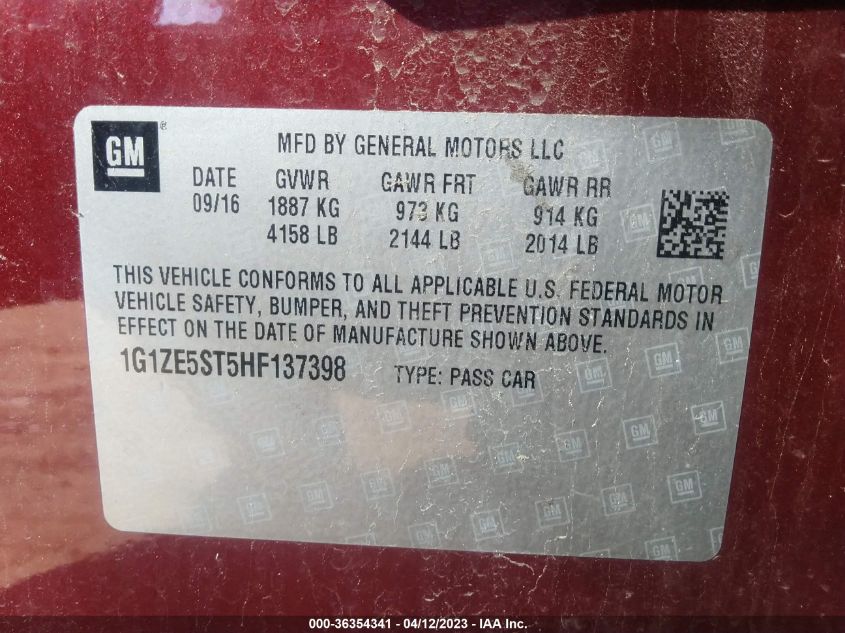 2017 CHEVROLET MALIBU LT - 1G1ZE5ST5HF137398