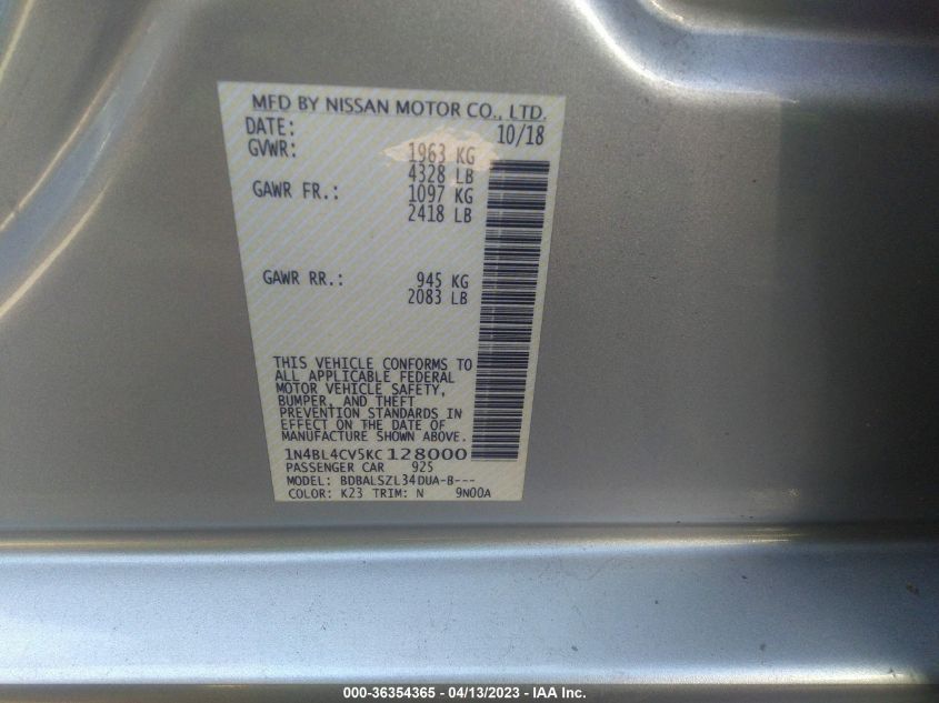 2019 NISSAN ALTIMA 2.5 SR - 1N4BL4CV5KC128000