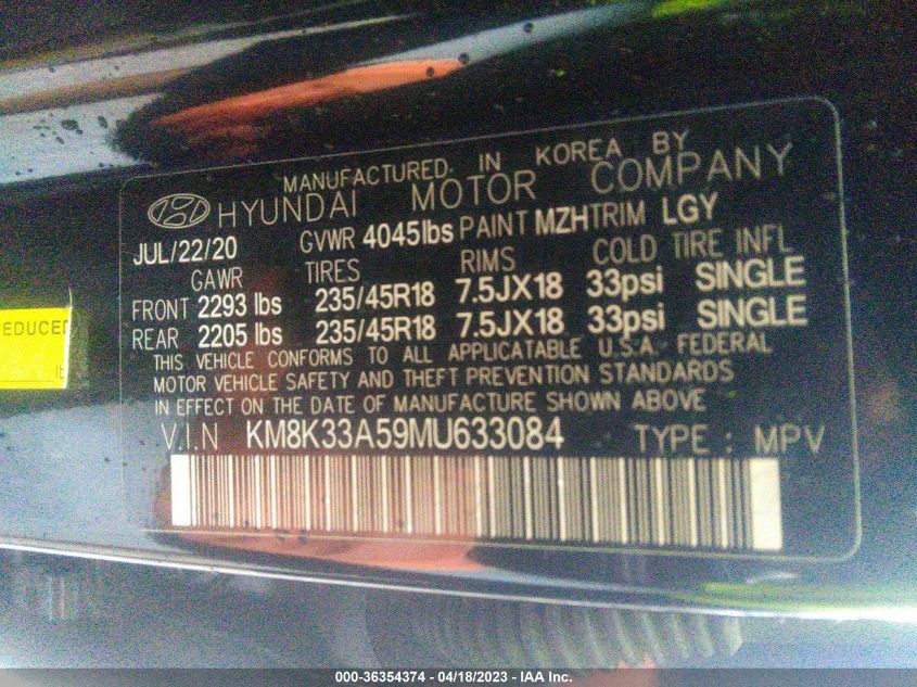 2021 HYUNDAI KONA LIMITED - KM8K33A59MU633084