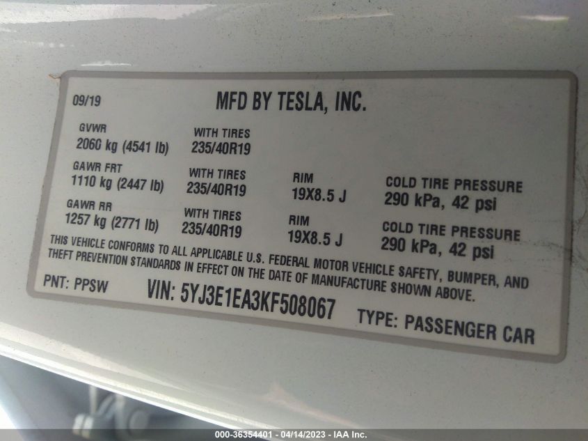 2019 TESLA MODEL 3 RANGE - 5YJ3E1EA3KF508067
