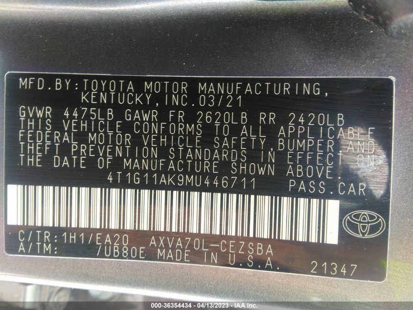 2021 TOYOTA CAMRY SE - 4T1G11AK9MU446711