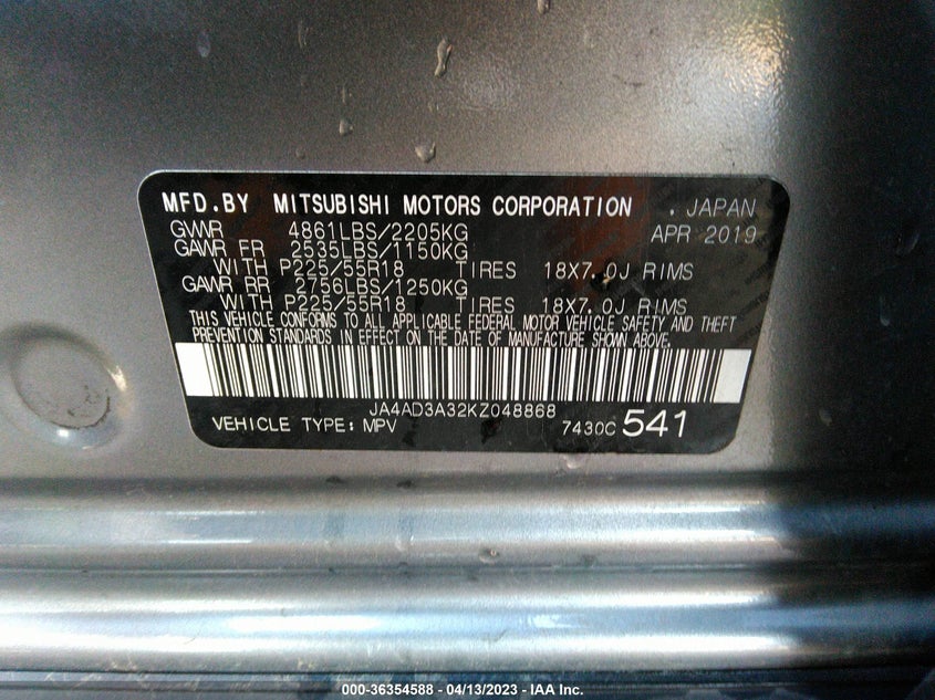 VIN JA4AD3A32KZ048868 2019 MITSUBISHI OUTLANDER SE/SEL/LE