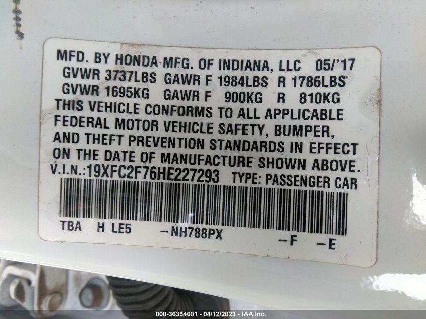 2017 HONDA CIVIC SEDAN EX - 19XFC2F76HE227293