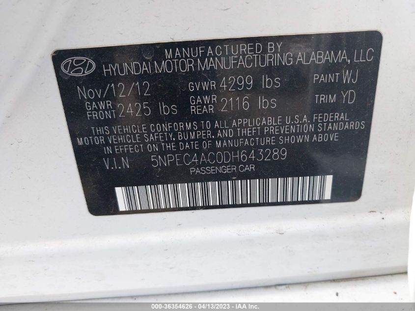 2013 HYUNDAI SONATA LIMITED - 5NPEC4AC0DH643289