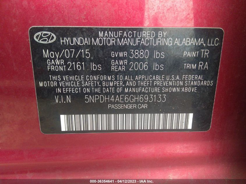 2016 HYUNDAI ELANTRA SE - 5NPDH4AE6GH693133