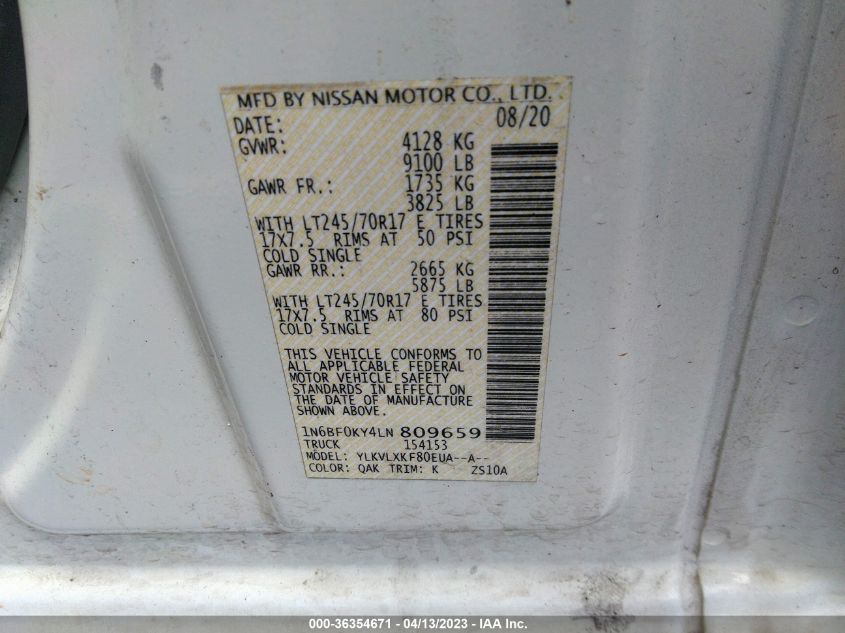 2020 NISSAN NV CARGO SV 1N6BF0KY4LN809659