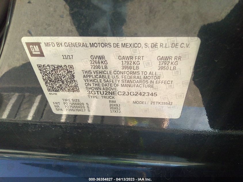 2018 GMC SIERRA 1500 SLT - 3GTU2NEC2JG242345