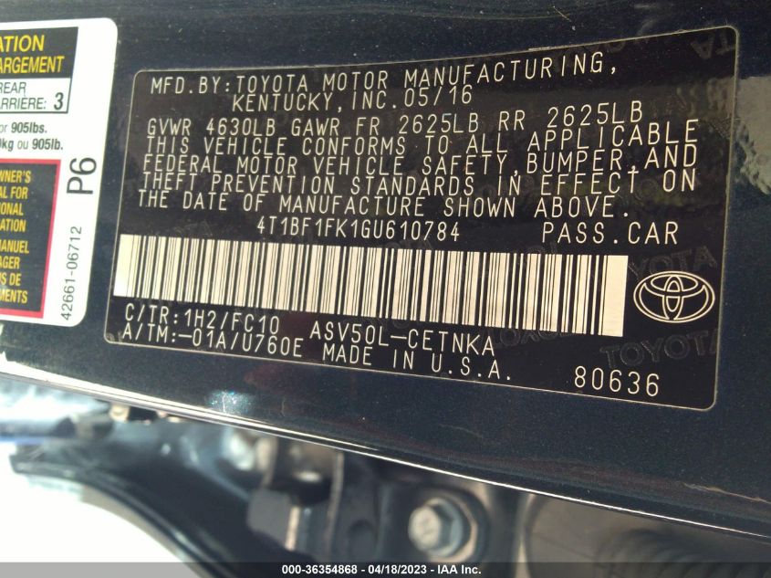 2016 TOYOTA CAMRY XLE/SE/LE/XSE - 4T1BF1FK1GU610784