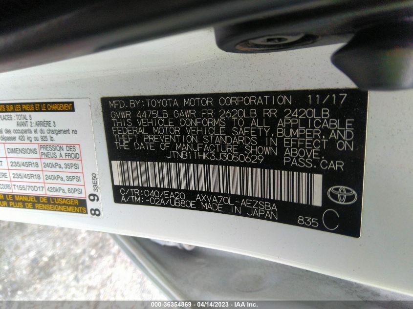 2018 TOYOTA CAMRY LE/SE/XLE/L - JTNB11HK3J3050629