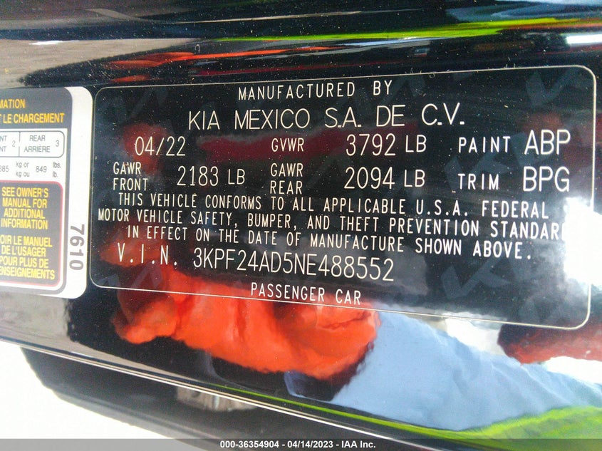 VIN 3KPF24AD5NE488552 2022 KIA FORTE LXS