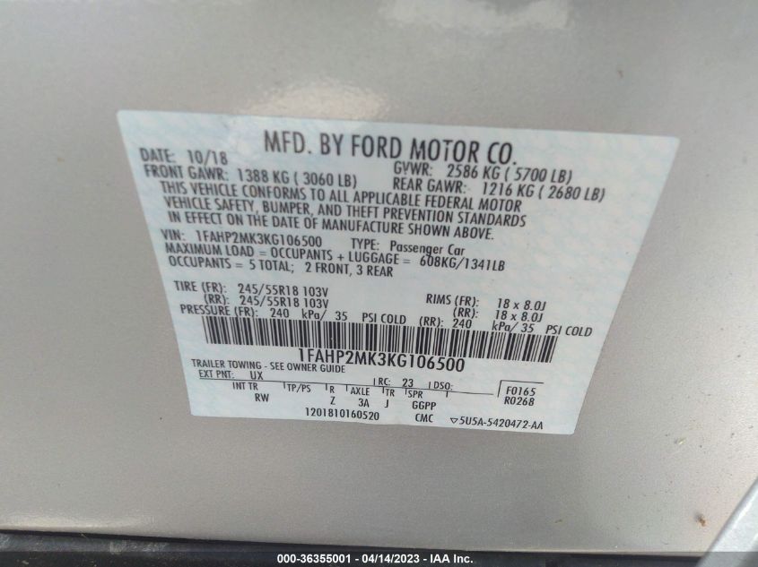 2019 FORD POLICE INTERCEPTOR SEDAN 1FAHP2MK3KG106500