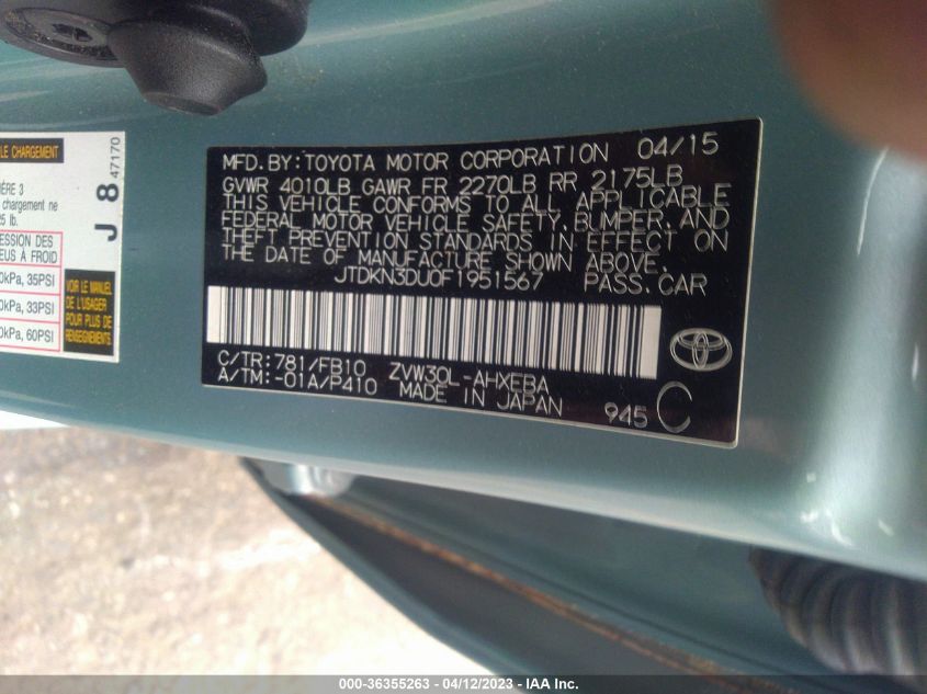 2015 TOYOTA PRIUS FOUR - JTDKN3DU0F1951567