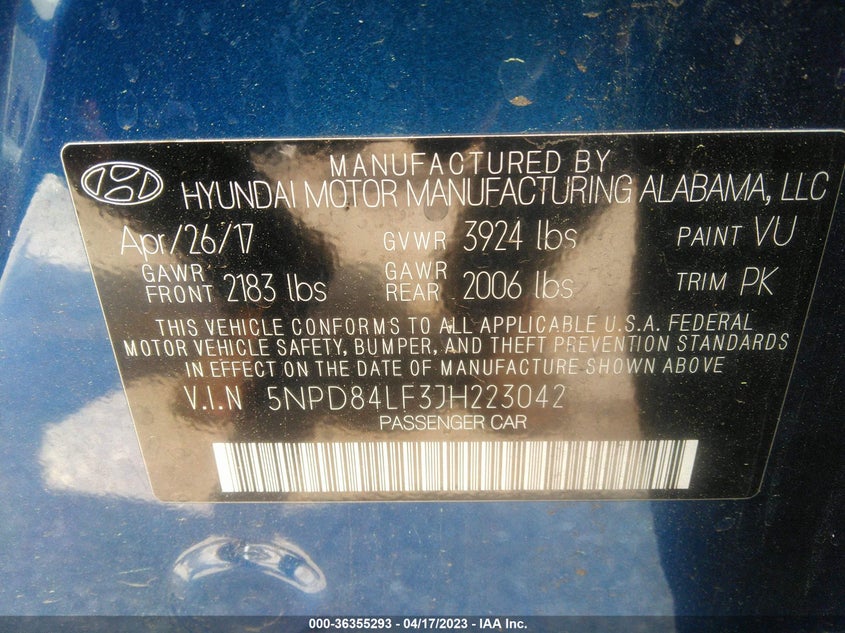 VIN 5NPD84LF3JH223042 2018 HYUNDAI ELANTRA SEL