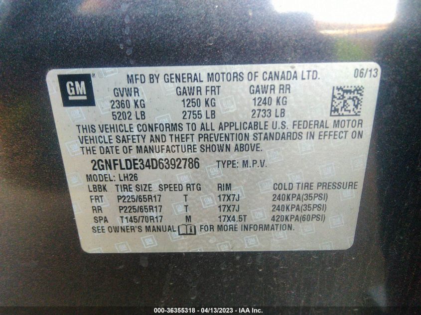 2013 CHEVROLET EQUINOX LT - 2GNFLDE34D6392786