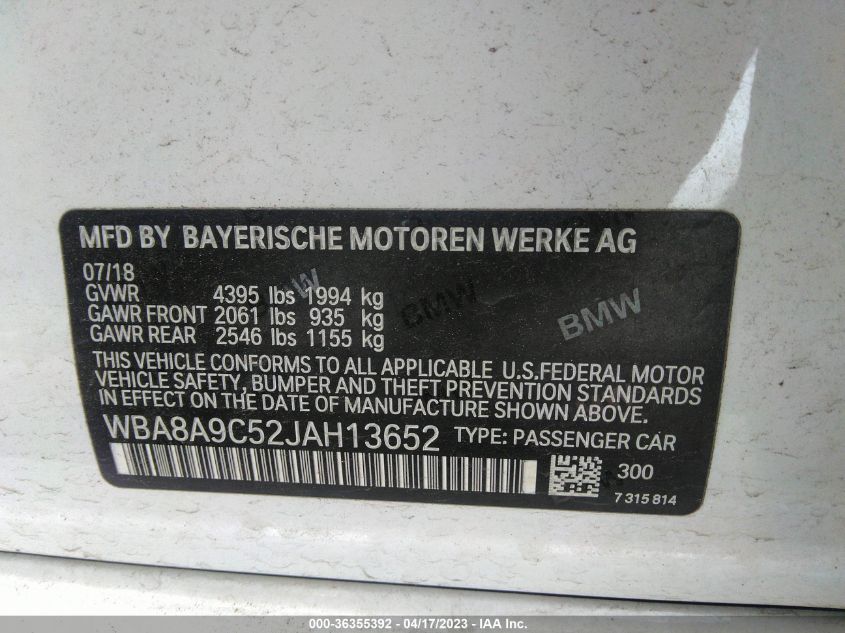 2018 BMW 3 SERIES 320I - WBA8A9C52JAH13652