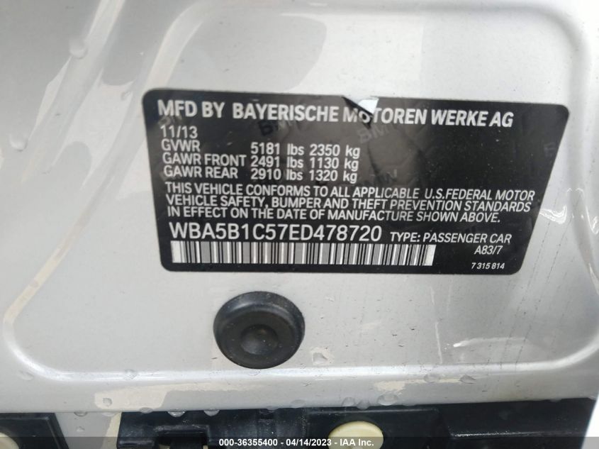2014 BMW 5 SERIES 535I - WBA5B1C57ED478720