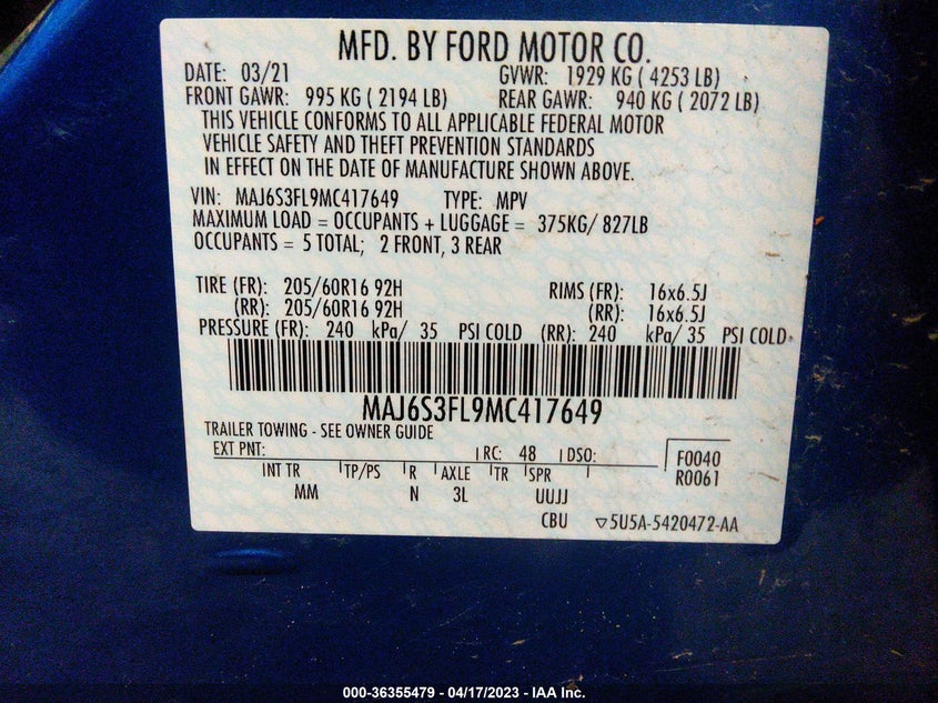 VIN MAJ6S3FL9MC417649 2021 FORD ECOSPORT S