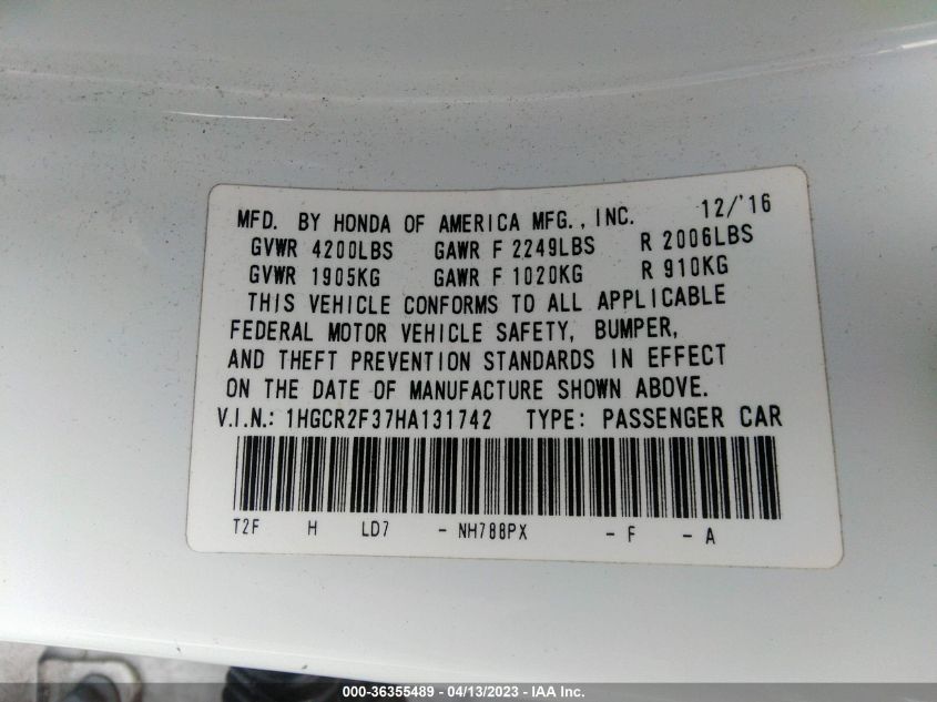 2017 HONDA ACCORD SEDAN LX - 1HGCR2F37HA131742
