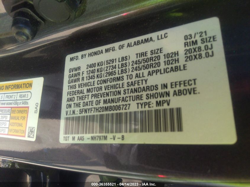 2021 HONDA PASSPORT SPORT 5FNYF7H20MB006727