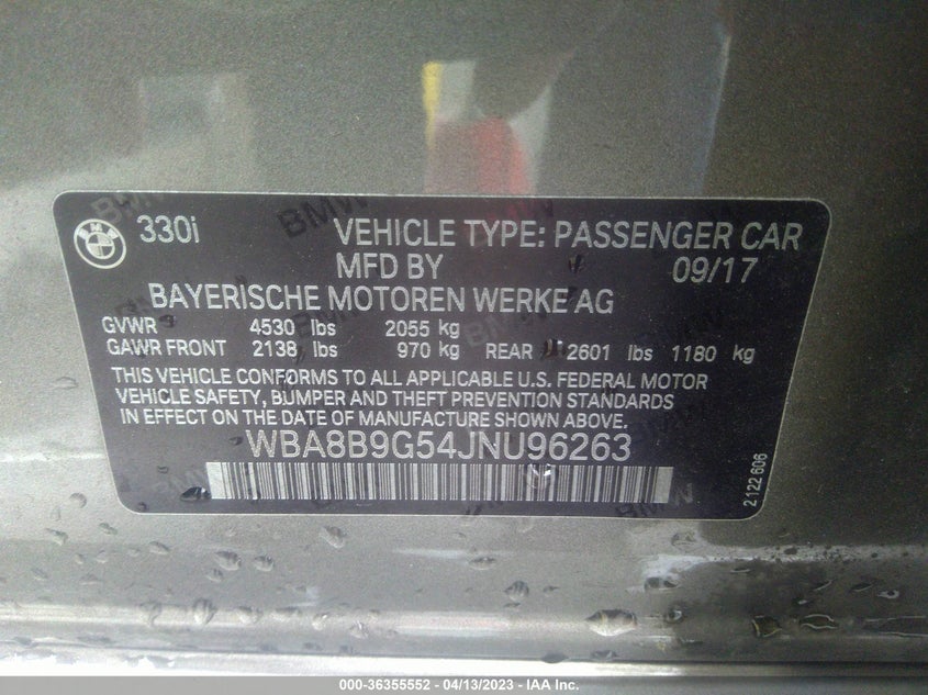 VIN WBA8B9G54JNU96263 2018 BMW 3 SERIES 330I