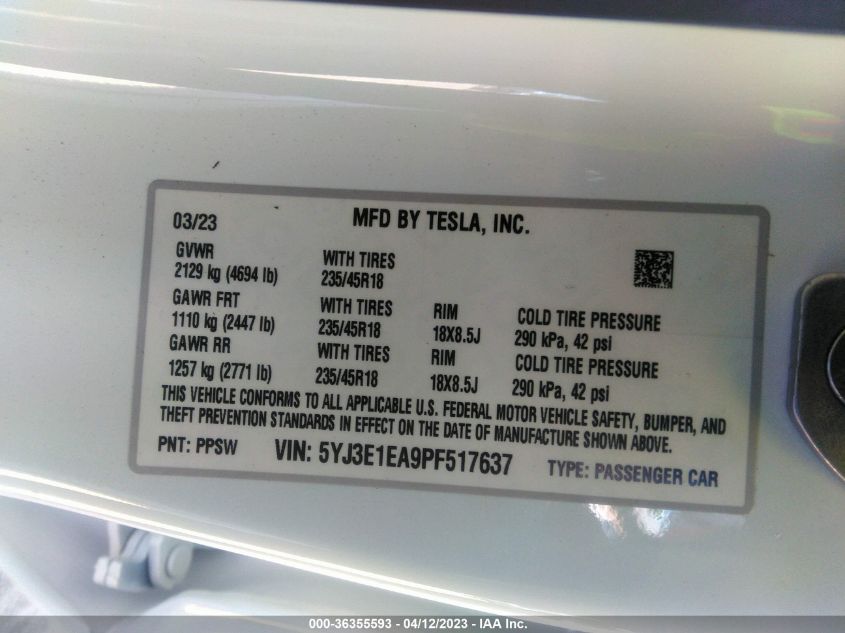 2023 TESLA MODEL 3 - 5YJ3E1EA9PF517637