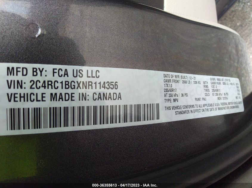 2022 CHRYSLER PACIFICA TOURING L - 2C4RC1BGXNR114356
