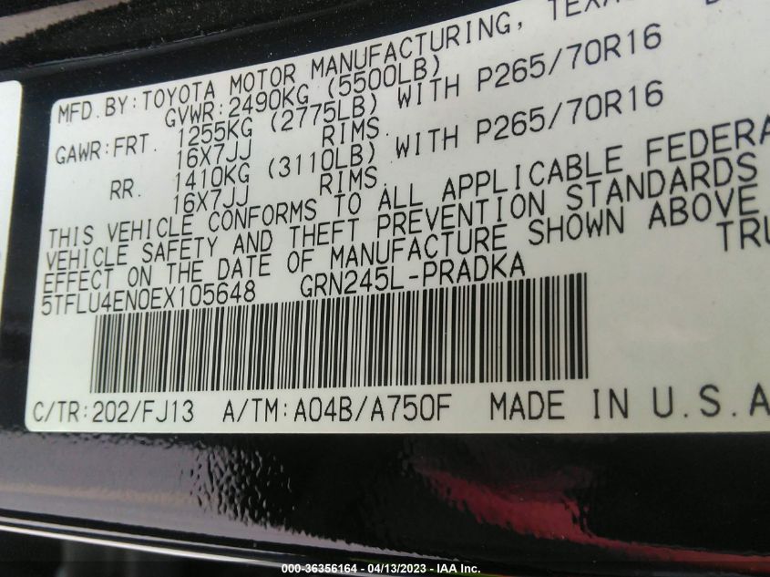 2014 TOYOTA TACOMA - 5TFLU4EN0EX105648